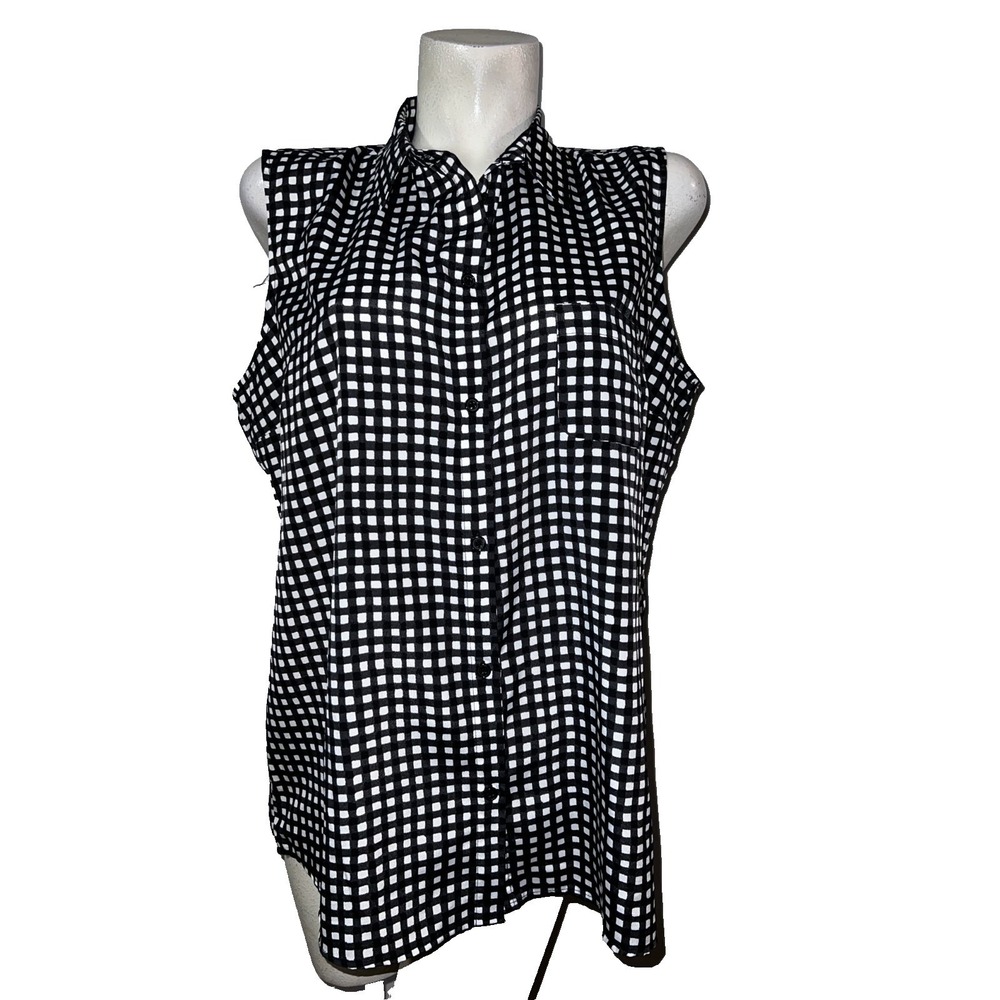 George Womens Black White Grid Sleeveless Button Down Shirt XL 16-18 Pocket Top